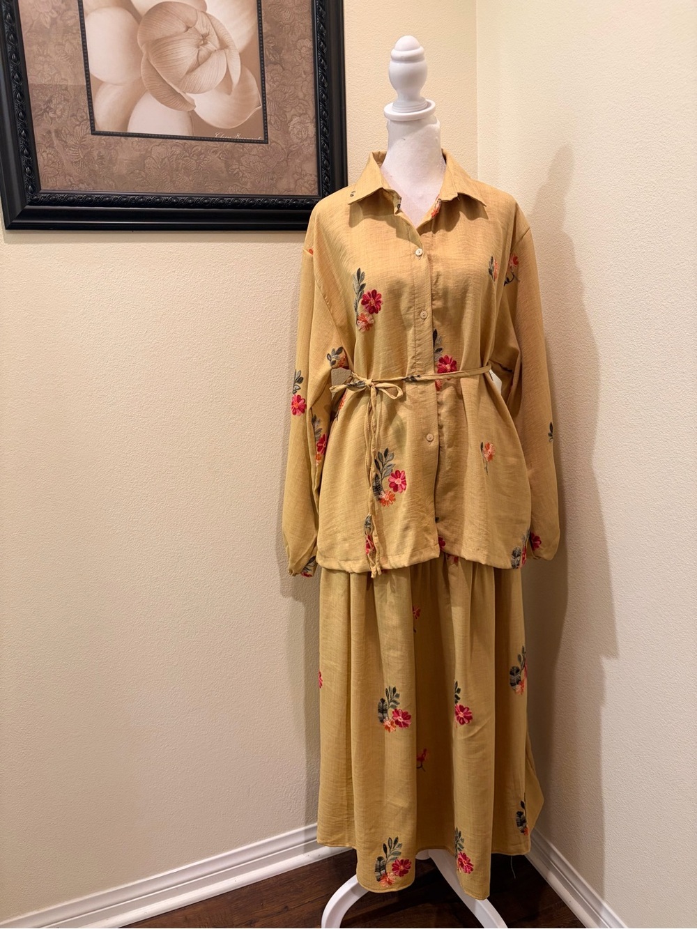 Double D Bangkok One Size Mustard Embroidered Blouse and Maxi Skirt,pockets NWOT